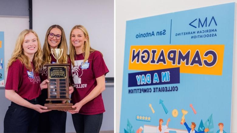 a collage of a poster for the San Antonio AMA chapter's "Campaign in a Day" competition (right) and the three Trinity AMA students holding their first place trophy wearing Trinity t-shirts (left)